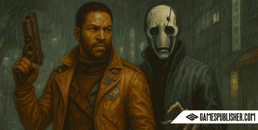 Bethesda Games Colt Vahn from Deathloop holding a pistol stands next to a masked ghostly figure from Ghostwire: Tokyo in a dark, rainy urban alley, creating a tense crossover scene.