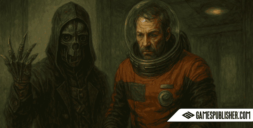 Bethesda Games A Dishonored assassin in a dark cloak and metal mask stands beside a Prey astronaut in a red suit, both in a dimly lit room blending steampunk and sci-fi themes.