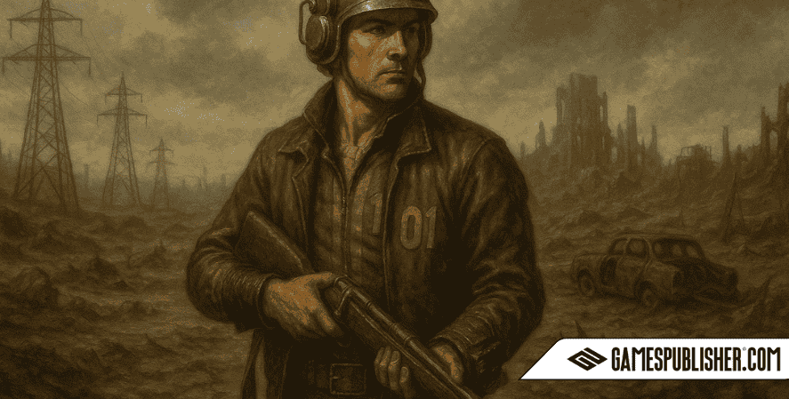 Bethesda Games A lone Fallout survivor in Vault 101 jumpsuit and leather jacket stands in a devastated wasteland, holding a rifle with ruined buildings, power lines, and a rusted car in the background.