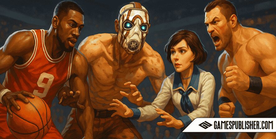 A basketball game scene featuring stylized characters inspired by Borderlands, BioShock, WWE 2K, and an original NBA 2K player, representing flagship 2K Games franchises in a fun crossover moment.