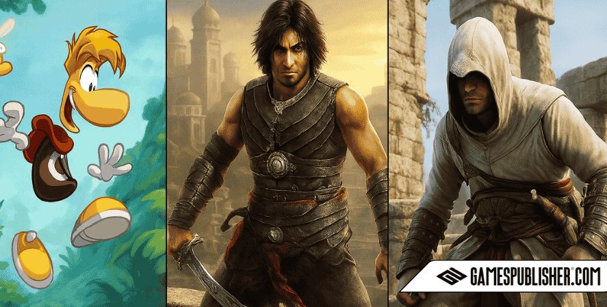 A triptych of three high-resolution images from video games developed by Ubisoft, featuring Rayman in a bright cartoon forest, the Prince of Persia standing on a stone balcony with a curved sword, and an Assassin from Assassin's Creed crouching among ancient ruins, each representing a different genre and art style.