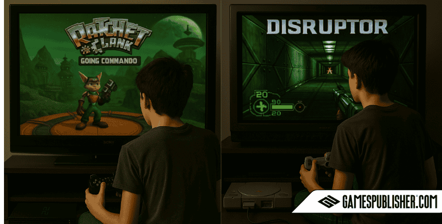 Two players sit in front of classic CRT TVs playing Insomniac Games titles: Ratchet & Clank: Going Commando on the left, and Disruptor on the right. Retro PlayStation consoles are visible, with the GamesPublisher.com logo at the bottom.