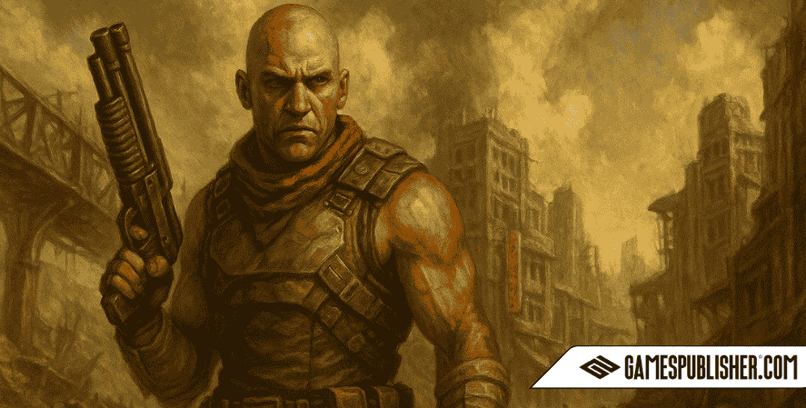 A muscular, armored warrior from Rage stands holding a shotgun in a post-apocalyptic city with crumbling buildings and smoky skies.