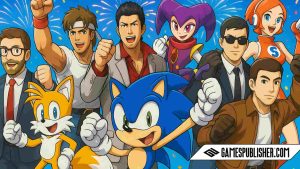 A digital illustration features ten iconic characters from Sega games—Sonic, Tails, Kazuma Kiryu, Axel Stone, Akira Yuki, Ryo Hazuki, NiGHTS, Vyse, Agent G, and a football manager avatar—all posing together joyfully against a bright, celebratory background of blue skies, fireworks, and confetti, with a subtle Sega logo in the corner.
