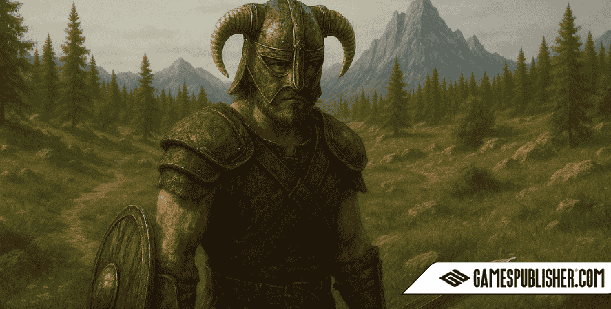 A warrior from The Elder Scrolls series in horned armor stands in a forested mountain landscape, holding a shield and sword, with a dramatic sky and distant peaks at sunset.