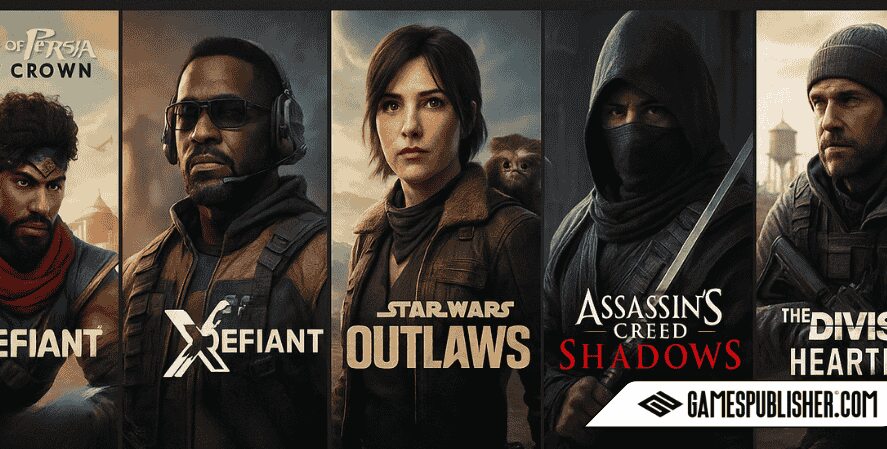 A promotional digital composite image showcases five Ubisoft games released between late 2024 and 2025, featuring detailed portraits of lead characters from "Prince of Persia: The Lost Crown," "XDefiant," "Star Wars Outlaws," "Assassin’s Creed Shadows," and "The Division Heartland," with each title and release date clearly labeled.