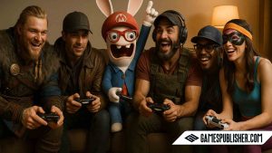 A photograph captures six iconic video game characters from Ubisoft, including Eivor, Aiden Pearce, and a Rabbid, sitting on a living room couch with controllers in hand, laughing and enjoying a gaming session together in a warmly lit, realistic environment.