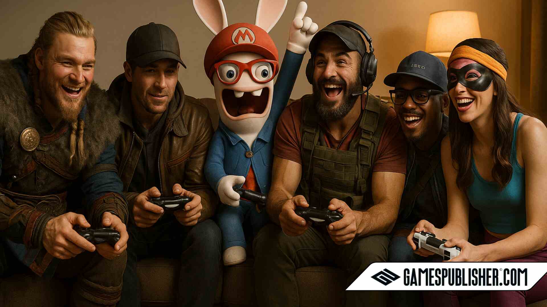A photograph captures six iconic video game characters from Ubisoft, including Eivor, Aiden Pearce, and a Rabbid, sitting on a living room couch with controllers in hand, laughing and enjoying a gaming session together in a warmly lit, realistic environment.