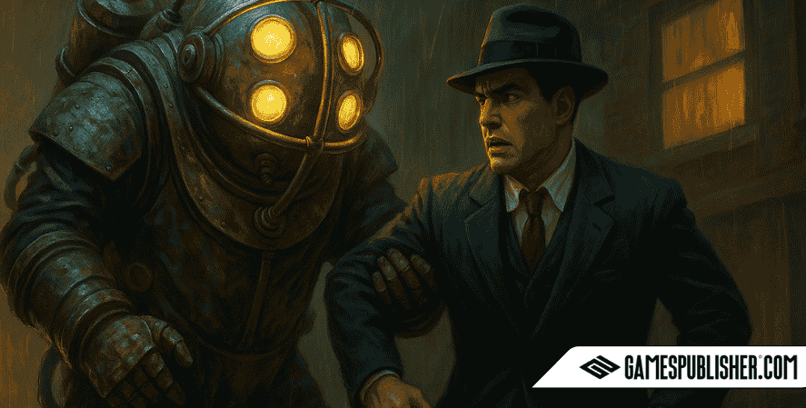 A dramatic crossover scene of a BioShock Big Daddy arresting a Mafia game character in a rain-soaked city street, blending noir and sci-fi elements from two 2K Games titles.