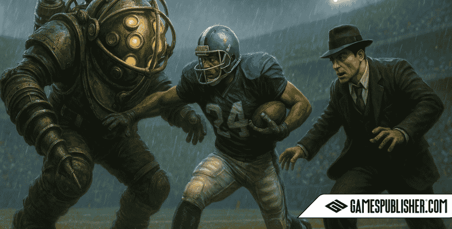 BioShock's Big Daddy, a suited Mafia character, and a fictional NFL player clash on a rainy football field in a dramatic crossover of 2K Games titles.