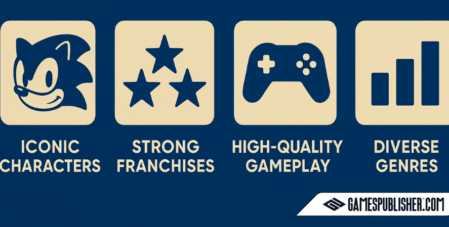 A high-quality digital infographic titled "WHY SEGA'S BEST GAMES ACHIEVE SALES SUCCESS" with a textured deep blue background. It features four bold cream-colored icons with rounded square borders, each representing a key success factor: Sonic for "Iconic Characters," stars for "Strong Franchises," a controller for "High-Quality Gameplay," and a bar chart for "Diverse Genres."
