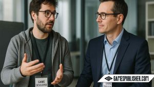 A game developer in a hoodie talks to a suited game publisher in a modern office, both wearing ID badges indicating their roles.