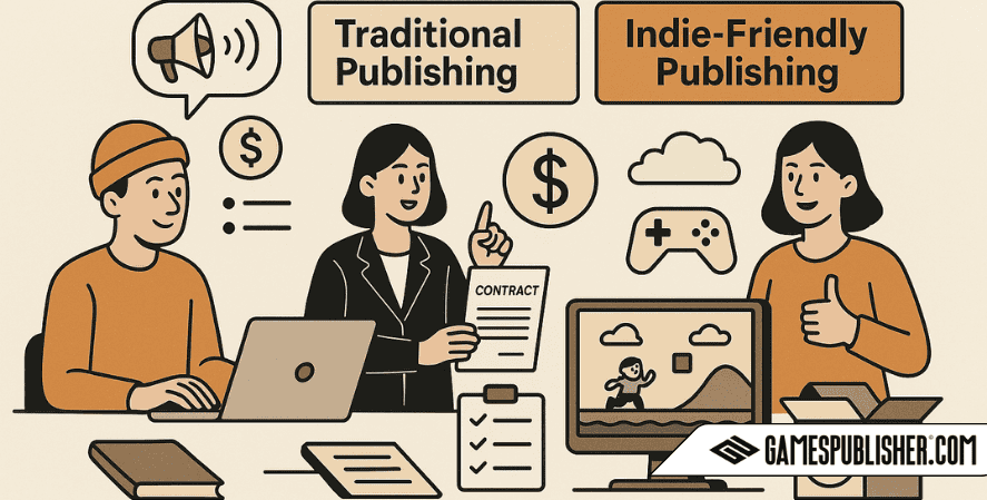 Flat-style illustration showing a game developer at a desk meeting with a publisher. Two labeled sections Traditional Publishing and Indie-Friendly Publishing highlight different models. Icons represent funding, marketing, localization, and game distribution, with visuals of a game screen, controller, and checklist to explain what a game publishing deal involves.