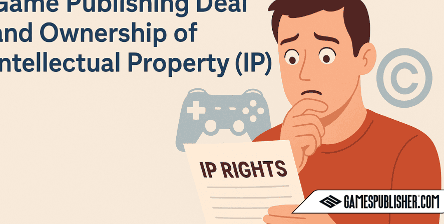 A concerned game developer reads a document titled "IP RIGHTS" while thinking deeply. Behind him are icons of a video game controller and copyright symbol, representing concerns over intellectual property ownership in a game publishing deal.