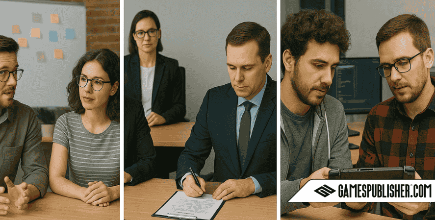 A split-scene image shows indie developers meeting with a small publisher, a formal AAA contract signing, and developers testing a Nintendo Switch dev kit.