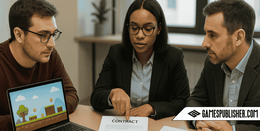 A game developer, publisher, and legal advisor review a contract, with a lawyer pointing to the IP ownership clause, charts, and a laptop showing game assets.