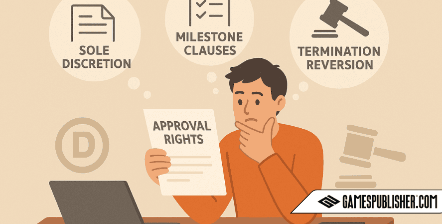 A game developer sits at a desk reading a document labeled "APPROVAL RIGHTS" with a thoughtful expression. Above him are thought bubbles labeled "SOLE DISCRETION," "MILESTONE CLAUSES," and "TERMINATION REVERSION," representing key legal concerns in a game publishing contract.