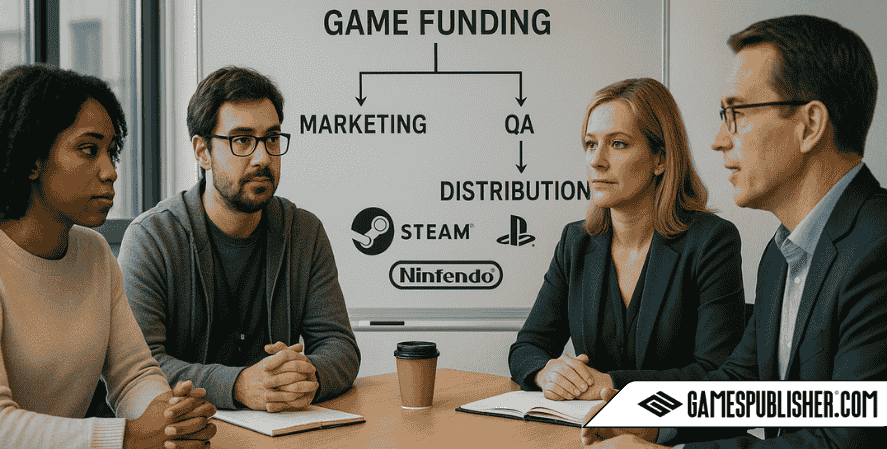 Game developers and publishers in a meeting discussing funding, marketing, QA, and platform distribution for Steam, PlayStation, and Nintendo.