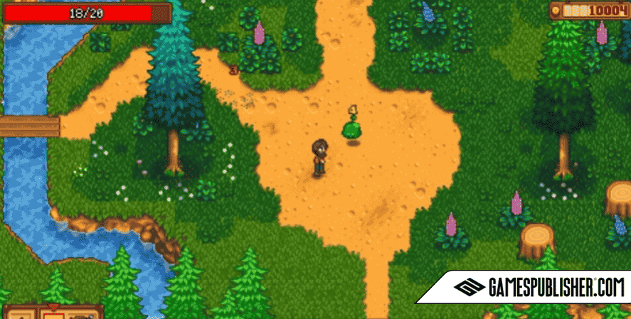 Stardew Valley gameplay screenshot showing player character in a forest path near a river with health bar and gold count displayed.