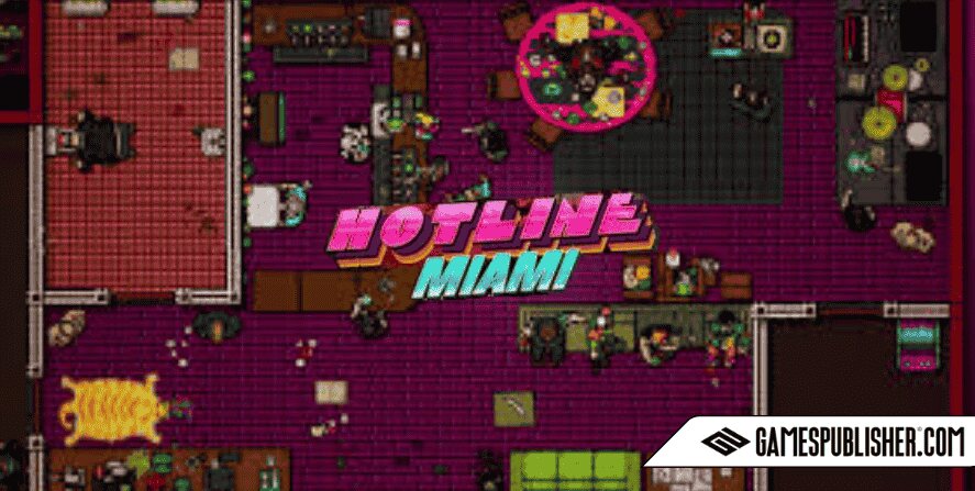 Hotline Miami top-down gameplay screenshot featuring pixel art violence, neon colors, and the game’s logo, with GamesPublisher.com watermark.