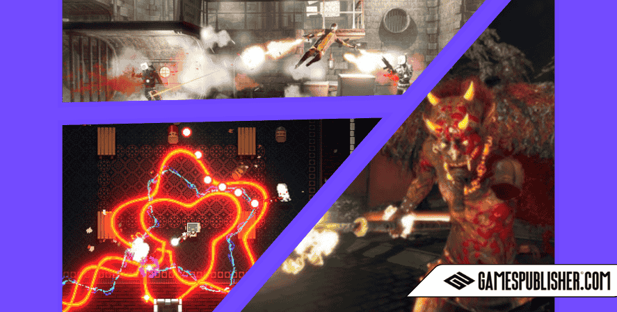 Collage of Devolver Digital games by genre showing action from My Friend Pedro, Enter the Gungeon’s bullet patterns, and Shadow Warrior’s demonic combat, with GamesPublisher.com branding.