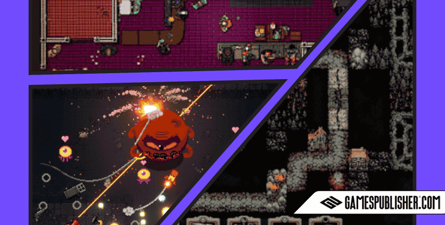 Collage of Devolver Digital games showing Hotline Miami’s neon violence, Enter the Gungeon’s bullet-hell boss, and Loop Hero’s retro dungeon map, with GamesPublisher.com branding.