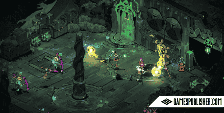 Hades gameplay from Supergiant Games showing Zagreus battling enemies in a dark underworld chamber with glowing green portals.