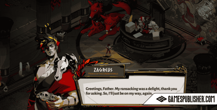 Hades game scene by Supergiant Games showing Zagreus speaking to Hades in the Underworld with Cerberus in the background.