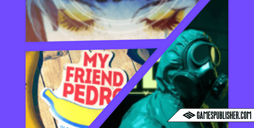 Collage representing Devolver Digital’s unique publishing style with scenes from GRIS, My Friend Pedro’s banana logo, and a hazmat-suited figure from Quarantine Zone, branded by GamesPublisher.com.