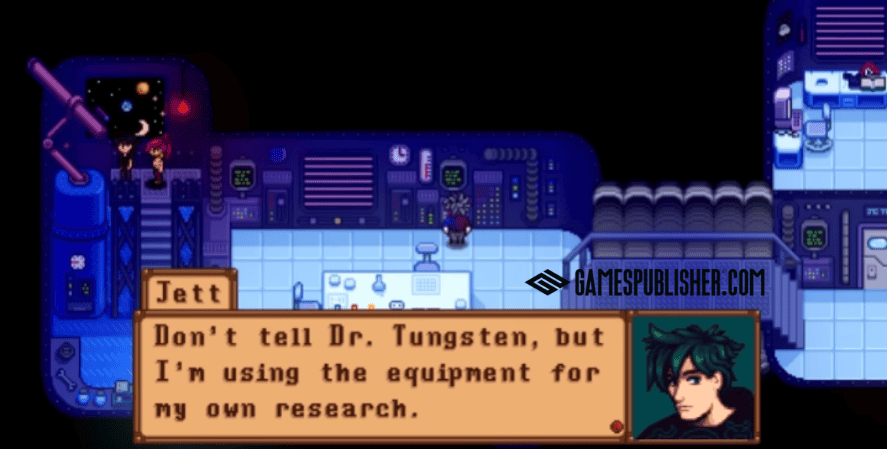 Stardew Valley mod screenshot showing character Jett in a laboratory saying he is secretly using Dr. Tungsten’s equipment for his own research.