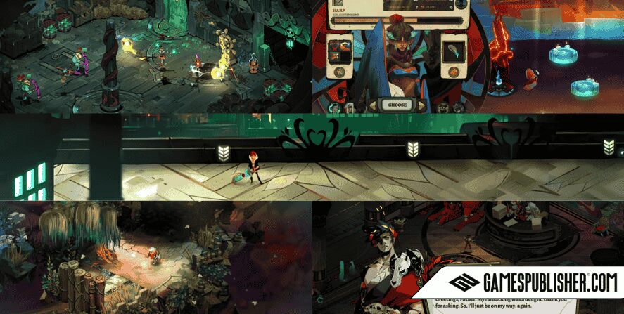 Gameplay collage from Supergiant Games titles including Hades, Transistor, and Bastion, showing combat scenes, dialogue screens, and exploration environments.