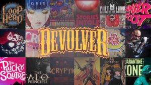 Collage of popular Devolver Digital games including Loop Hero, GRIS, Enter the Gungeon, Stories Untold, Cult of the Lamb, Anger Foot, My Friend Pedro, The Plucky Squire, The Talos Principle, Inscryption, Weird West, and Quarantine Zone, with the Devolver logo prominently displayed in the center.