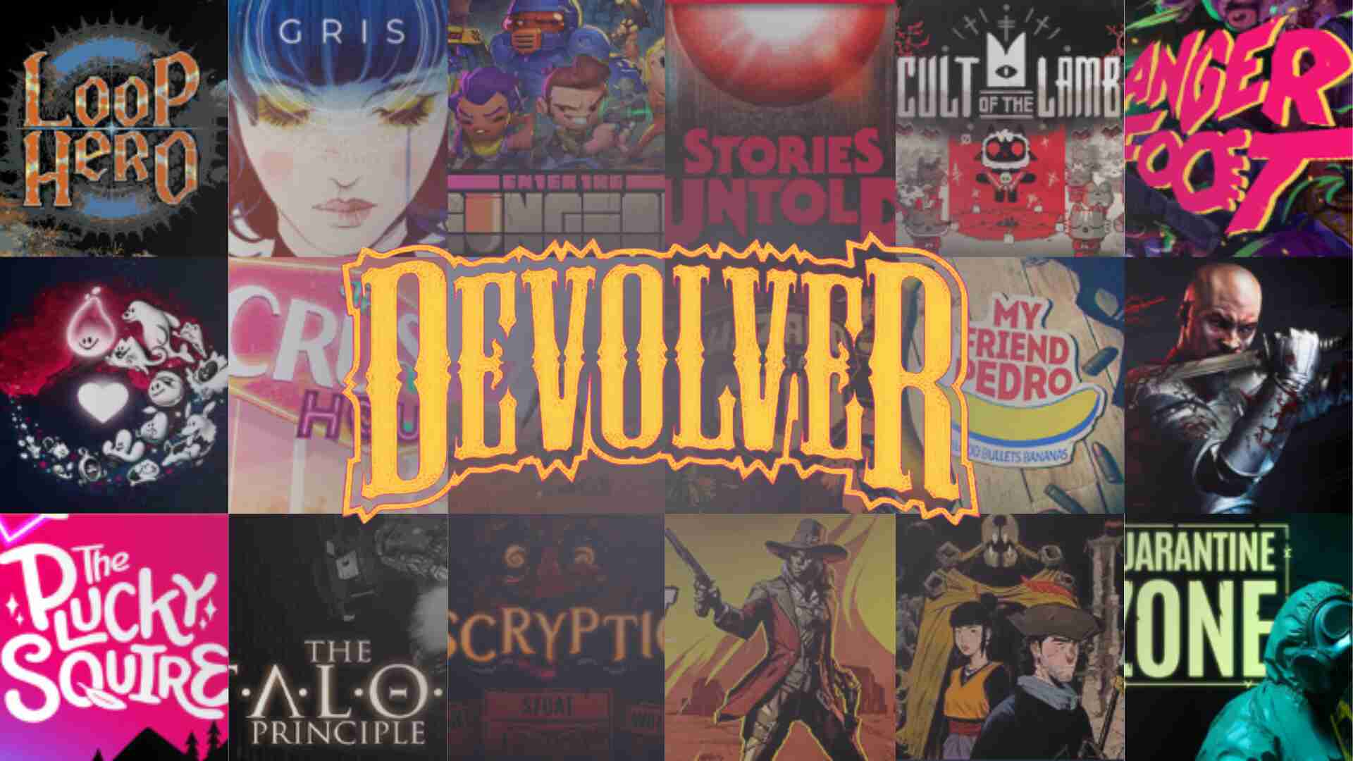 Collage of popular Devolver Digital games including Loop Hero, GRIS, Enter the Gungeon, Stories Untold, Cult of the Lamb, Anger Foot, My Friend Pedro, The Plucky Squire, The Talos Principle, Inscryption, Weird West, and Quarantine Zone, with the Devolver logo prominently displayed in the center.
