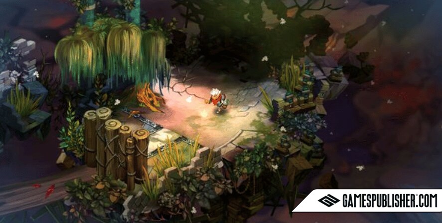 Gameplay scene from Supergiant Games’ Bastion featuring the Kid exploring a floating, hand-painted environment with lush vegetation.