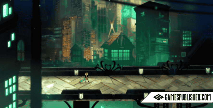 Scene from Supergiant Games’ Transistor showing the protagonist Red walking through a futuristic cyberpunk cityscape.