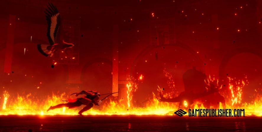 Action scene from The Pathless with a hero and eagle crossing fire, published by Annapurna Interactive Games.