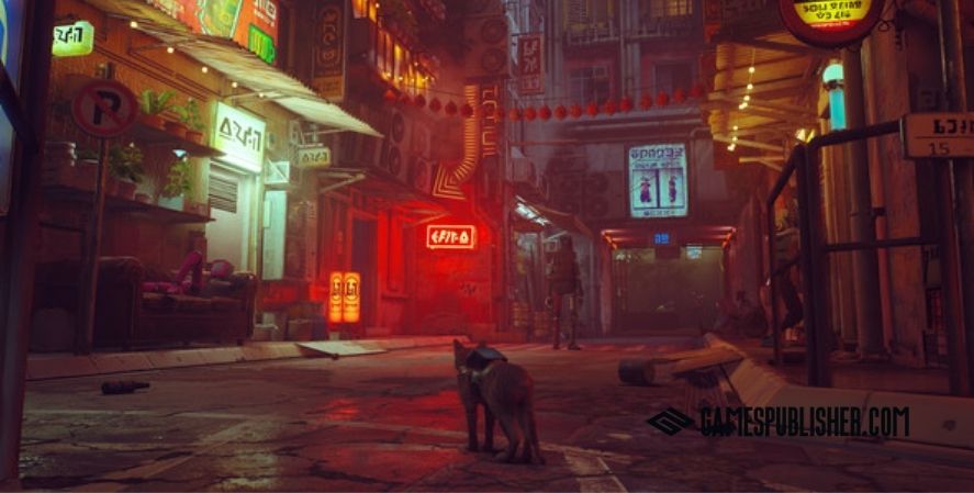 Cyberpunk alley from Stray, one of the most popular Annapurna Interactive Games featuring a stray cat.