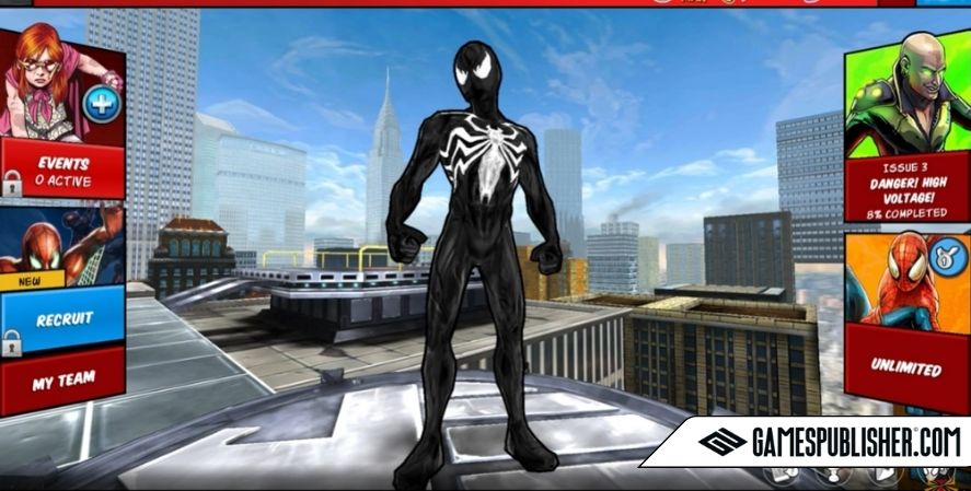 Spider-Man Unlimited gameplay showing black suit Spider-Man on rooftop with mission interface