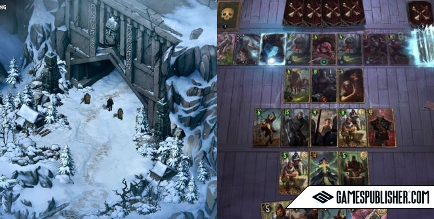 Gameplay split screen of Thronebreaker and GWENT showing card-based combat and exploration in snowy ruins.