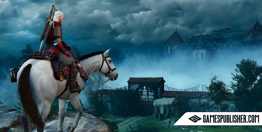 Geralt of Rivia riding his horse Roach in The Witcher 3 overlooking a foggy medieval village.