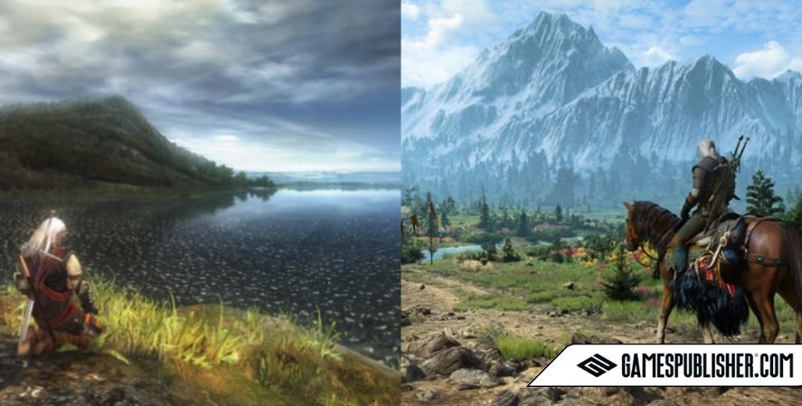 Side-by-side comparison of The Witcher 1 and The Witcher 3 landscapes showing graphical evolution of the franchise.