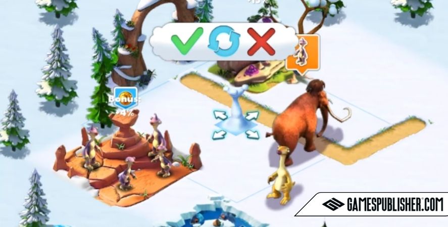 Ice Age Village game interface with Sid the sloth and mammoth in snowy building environment