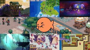 Chucklefish Games List Collage of Chucklefish games including Starbound, Wargroove, Eastward, Inmost, Pathway, and Witchbrook, with the Chucklefish logo in the center.