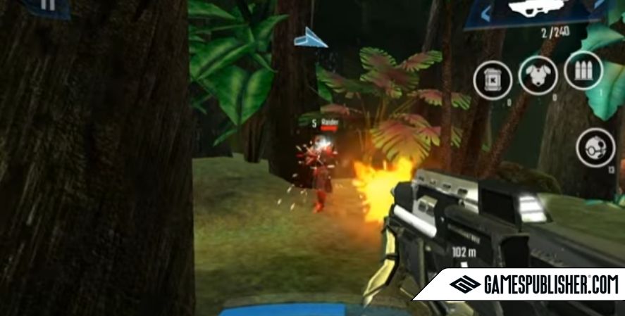 Modern Combat gameplay with jungle mission showing player firing weapon in first-person shooter view