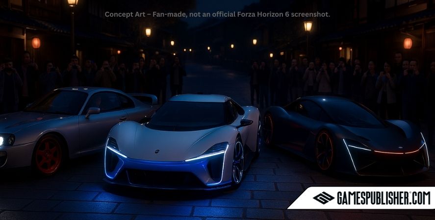 Fan-made Forza Horizon 6 concept art featuring three cars, including futuristic supercars, parked on neon-lit Japanese city streets.