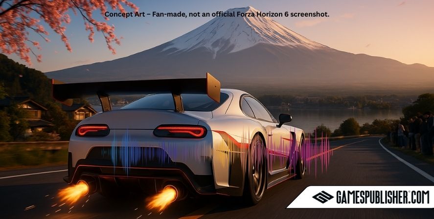 Fan-made Forza Horizon 6 concept art showing a white sports car driving under cherry blossoms with Mount Fuji in the background.