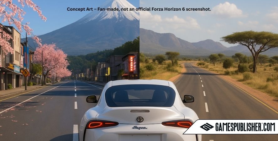 Fan-made Forza Horizon 6 concept art comparing a Japanese city street under cherry blossoms with an African savanna landscape.