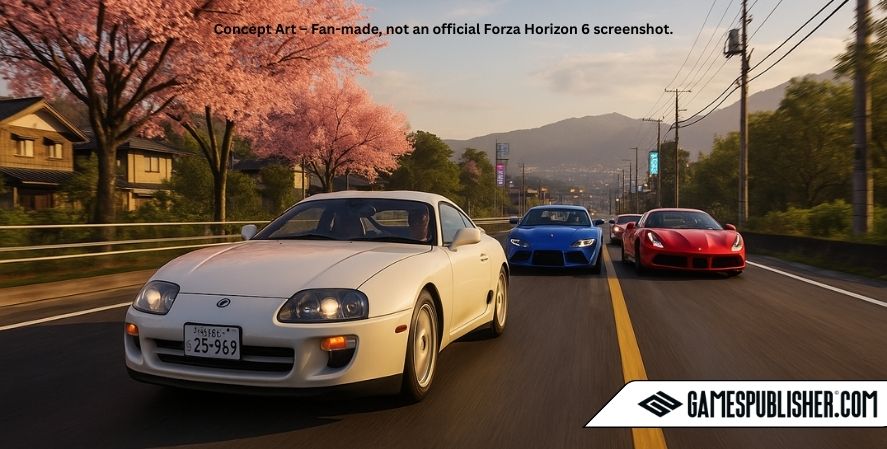 Fan-made Forza Horizon 6 concept art of a Toyota Supra and other sports cars racing down a road lined with cherry blossoms.