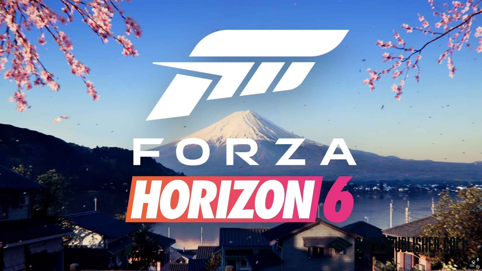 Forza Horizon 6 official logo over a scenic view of Mount Fuji with cherry blossom branches framing the sky and rooftops below.