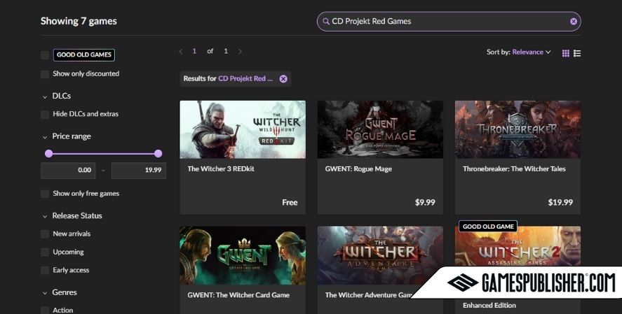 GOG.com store page showing CD Projekt Red games including The Witcher 3 REDkit, GWENT Rogue Mage, Thronebreaker, and The Witcher Adventure Game.